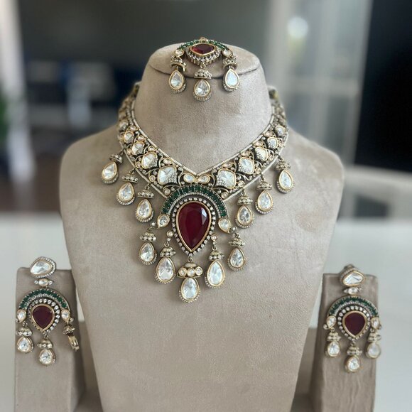 Victorian Polki Kundan Choker Necklace Set | Ruby Emerald Wedding Jewelry - Picture 15 of 15